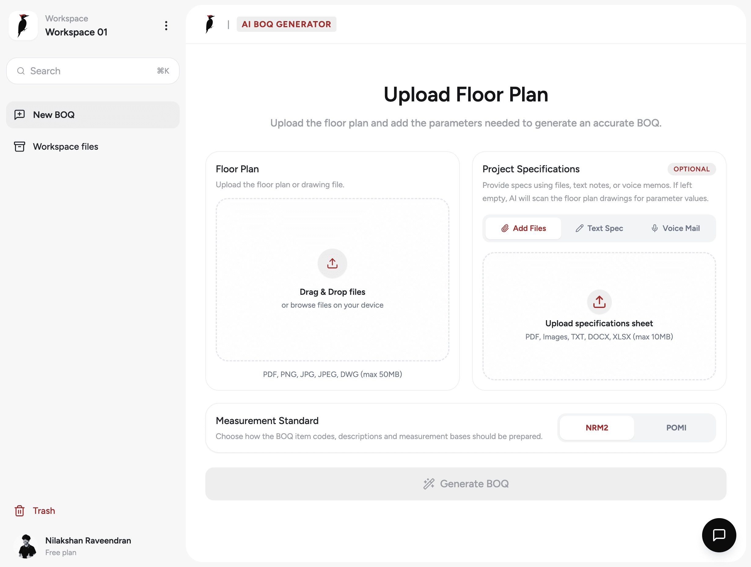AI BOQ Generator workspace showing floor plan upload, project specifications, and generate BOQ button